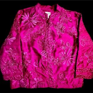 💖 Chico’s Fuchsia Embroidered Silk Sequin Jacket Top Size 2 💖